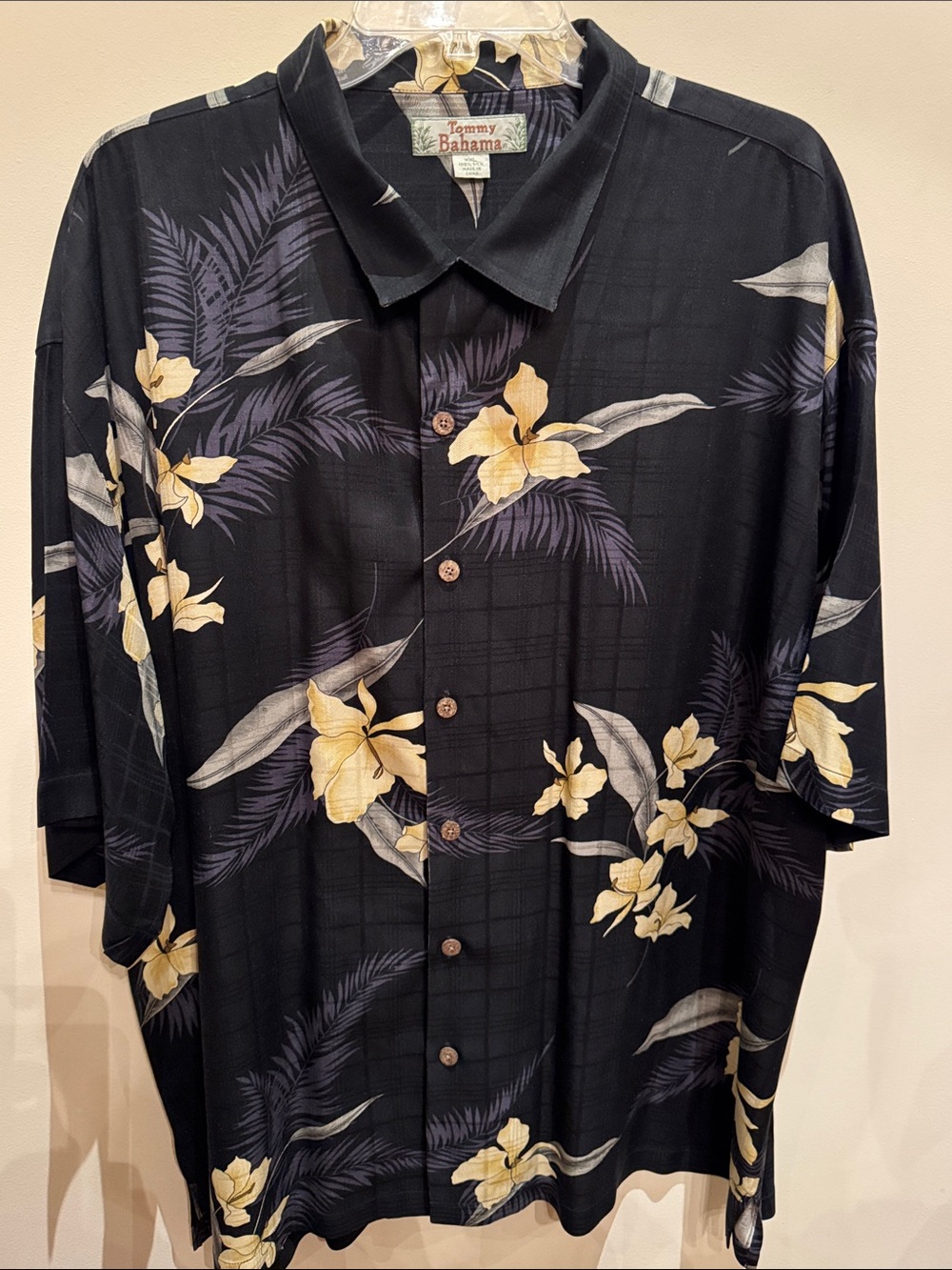 Tommy Bahama Black Hawaiian Button-Down Shirt with Yellow Floral Print